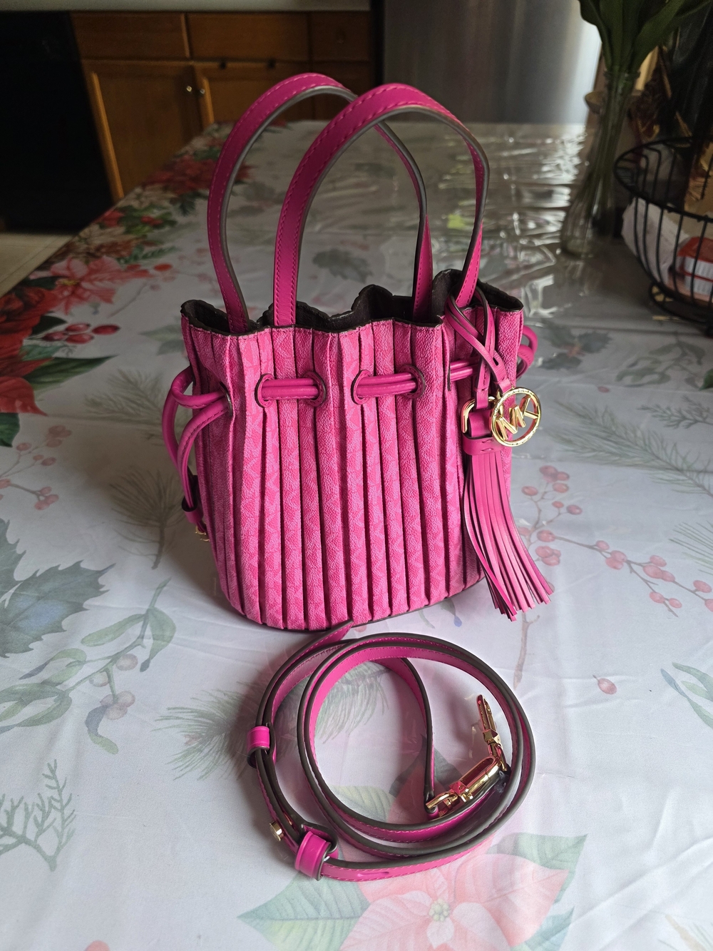 Michael Kors Hot Pink Quilted Pleated Drawstring Bucket Bag with Tassel